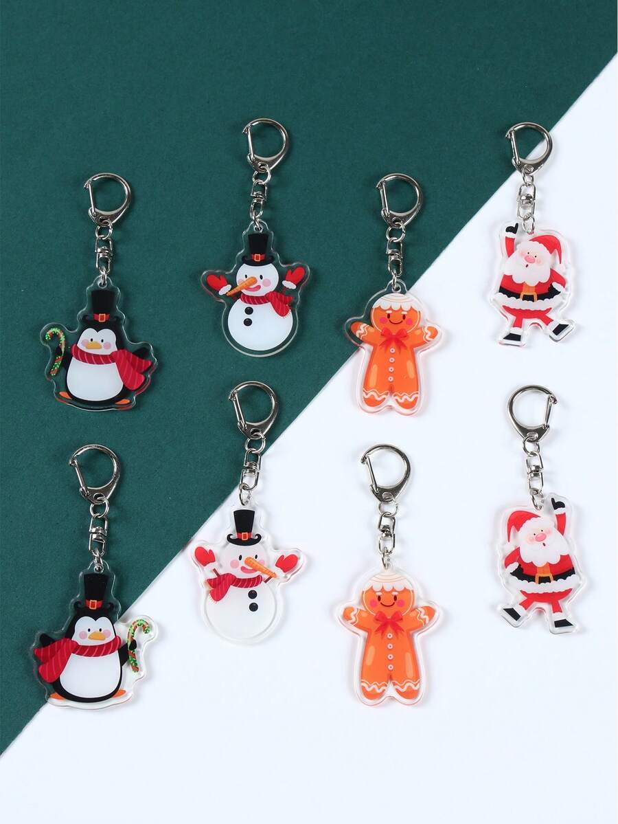 8pcs Mixed Christmas Key Chains Penguin Santa Claus Snowman Gingerbread