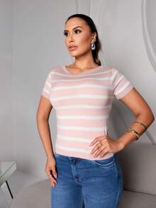 TRICOT DE LUXO Women's Striped Blouse With Sleeve T-Shirt Modal Tricot Colorful Summer - Màu Hồng baby - Xem 3