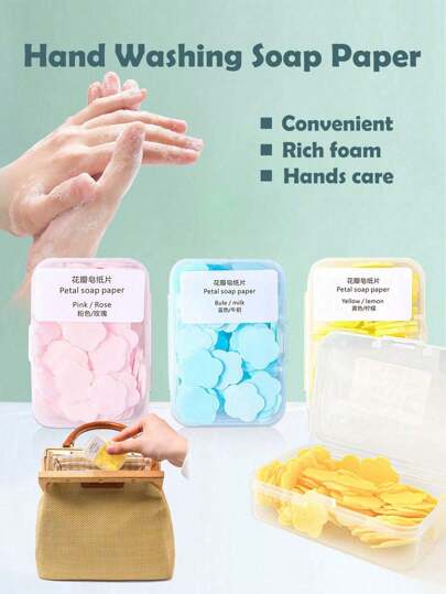 100pcs/Pack Portable Disposable Soap Paper Travel Soap Sheets Soap Tissue Box For Outdoor Activities, Random Color, Travel Essentials