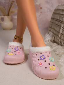 Dép đi trong nhà ấm áp lót nhung tự làm cho nữ mùa thu/đông mới, đế chống trượt EVA, dép lông mềm mại, giày đôi Unisex màu đen và trắng - Chiếc giày màu hồng hoa năm cánh - Xem 3