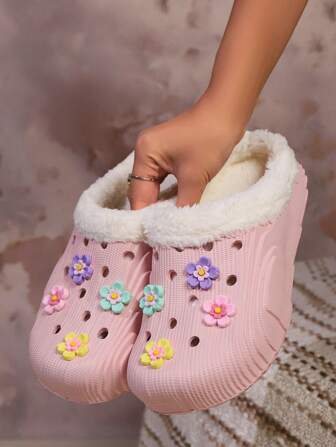 New Autumn/Winter Women's DIY Shoe Buckle Plush Lined Warm Slippers, EVA Non-Slip Soles, Fluffy Fur Slides, Unisex Couple Shoes In Black & White