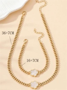 1 条项链 + 1 条手链，波西米亚风格金色金属花项链和手链套装，女士复古三叶草首饰套装 - 白色 - 查看 3