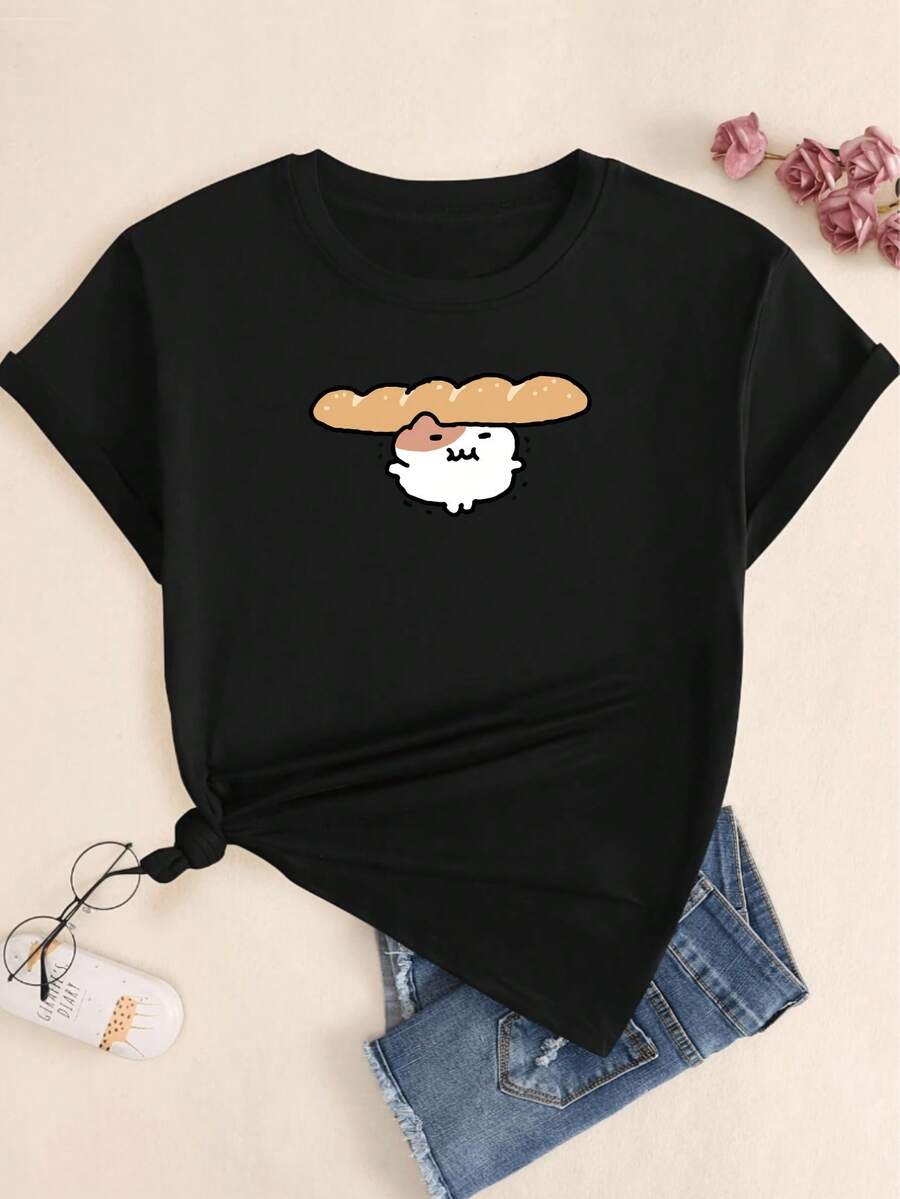 Cute Cartoon Kitten T-Shirt Women's Fashion T-Shirt Printed Basic - 黑色 - 查看 1