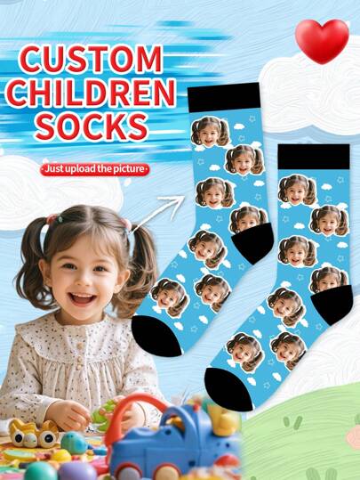 1 Pair Of Customized Face Children's Mid Tube Socks, Put Any Face On Socks, Boy And Girl, Personalized Socks For With Photos, Interesting Customized Picture Pairs With Medium To Long Socks, Suitable For Valentine's Day, Fashionable And Fashionable, Suitable For Both Boy And Girl Funny, Crazy, Anime, Multicolor Socks