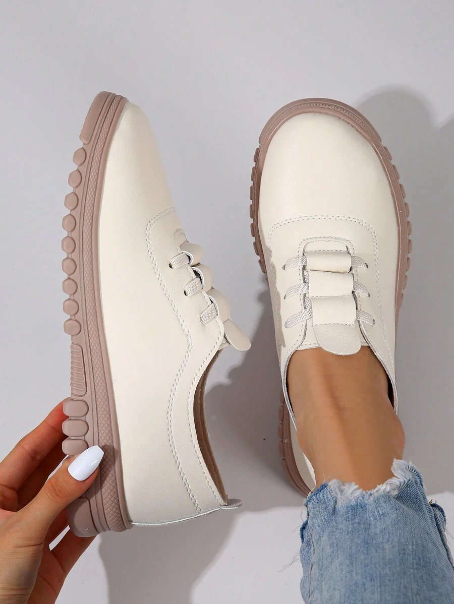 Damskie modne obuwie codzienne, płaskie trampki, sznurowane mokasyny, białe/beżowe buty typu Mary Jane, okrągłe noski, lekkie, miękkie, wygodne, swobodne, oddychające buty domowe