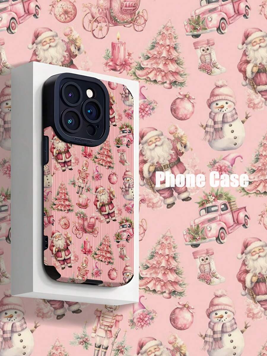WeiMi 1pc Pink Santa Claus & Christmas Tree Verticial Stripe Faux Leather Soft Protective Phone Case Compatible With Iphone & Samsung 15/15 PLUS/15 PRO/15 PRO MAX - Multicolor - View 1