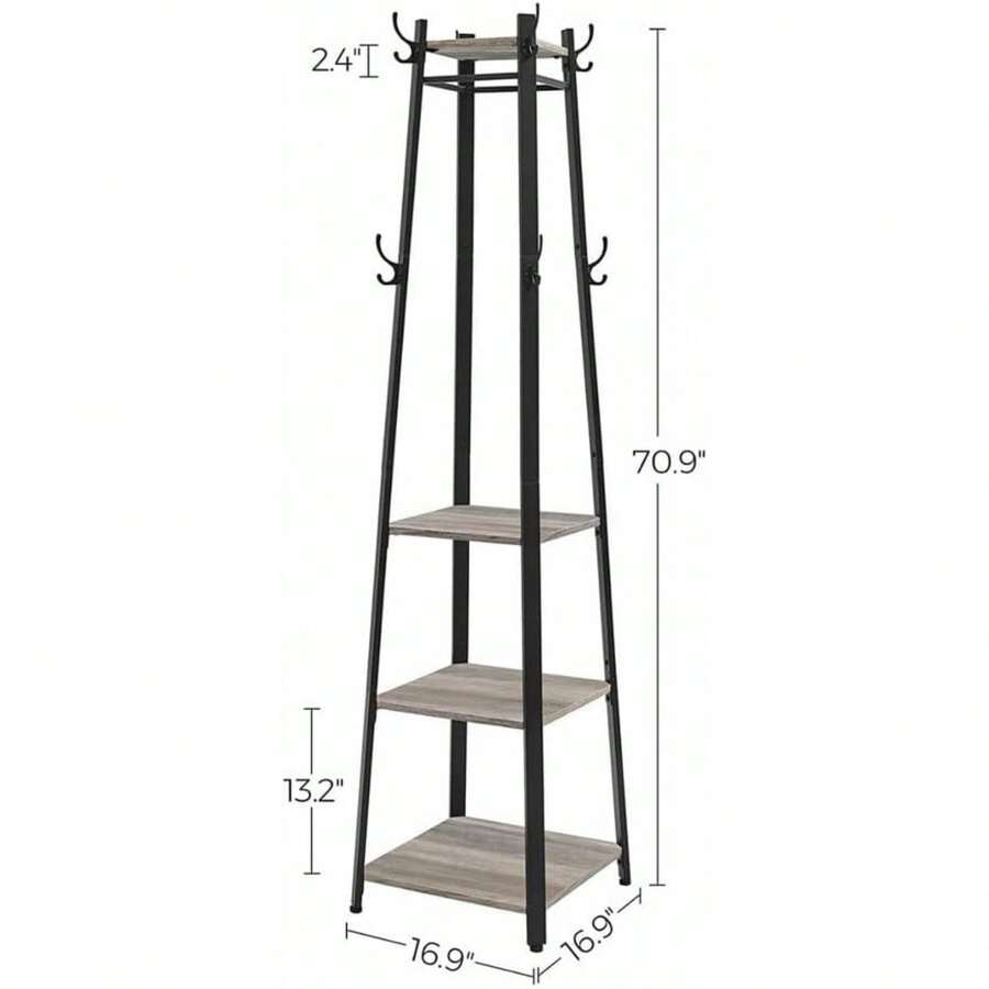 Coat Rack, Coat Stand With 3 Shelves, Hall Trees Free Standing With