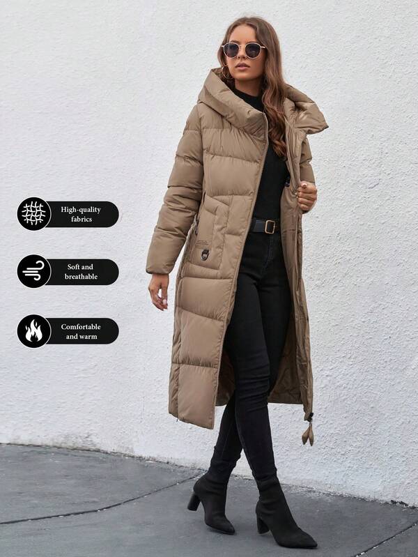 GASMAN Cappotto lungo imbottito casual con chiusura lampo e cappuccio, tinta unita, manica lunga, per l'inverno