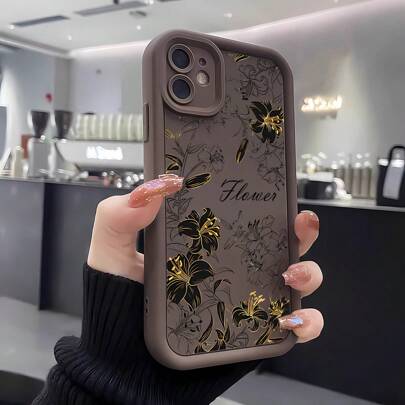 1 pieza Funda de teléfono creativa y única con estampado de flores, plantas y hojas en negro, blanco y marrón. Diseño escalonado de color negro mate, blanco, marrón y café con cobertura completa y protección anti-caídas de carcasa suave, compatible con OPPO/VIVO/HONOR/Apple/REALME/TRANSSION