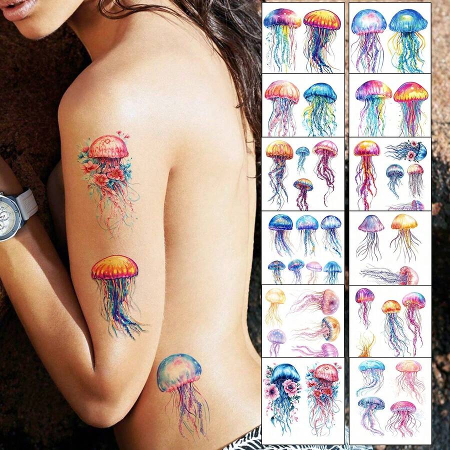 12 tờ hình xăm tạm thời hình sứa phong cách màu nước hình xăm hình sứa dán vật dụng trang trí tiệc sinh nhật ưu đãi giải thưởng - Nhiều màu - Xem 1