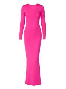 Women Long Bodycon Dress Solid Color Deep V-Neck Ruched Long Sleeve Dress Spring Fall Evening Party Dress - Hot Pink - View 3