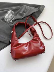 New Fashion Retro Red & Burgundy Rivet Decorated Crescent Shoulder Bag, Large Capacity Oil Wax Soft Leather Crossbody Bag For Office, Leisure & Travel, Autumn/Winter, Fashionable Burgundy Bag - Red - View 9