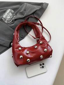New Fashion Retro Red & Burgundy Rivet Decorated Crescent Shoulder Bag, Large Capacity Oil Wax Soft Leather Crossbody Bag For Office, Leisure & Travel, Autumn/Winter, Fashionable Burgundy Bag - Red - View 10
