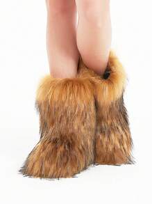 Winter Flat Heel High Top Boots With Thickened Furry Lining, Round Toe Mid-Calf Snow Boots With Deep Mouth Design For Keeping Warm