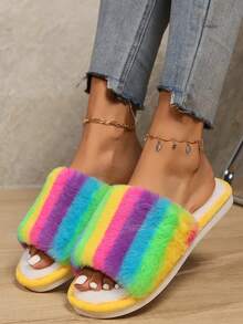 Dép lông cầu vồng cho nữ, dép giữ nhiệt đế dày chống trượt, đồ mặc trong nhà - Nhiều màu - Xem 2