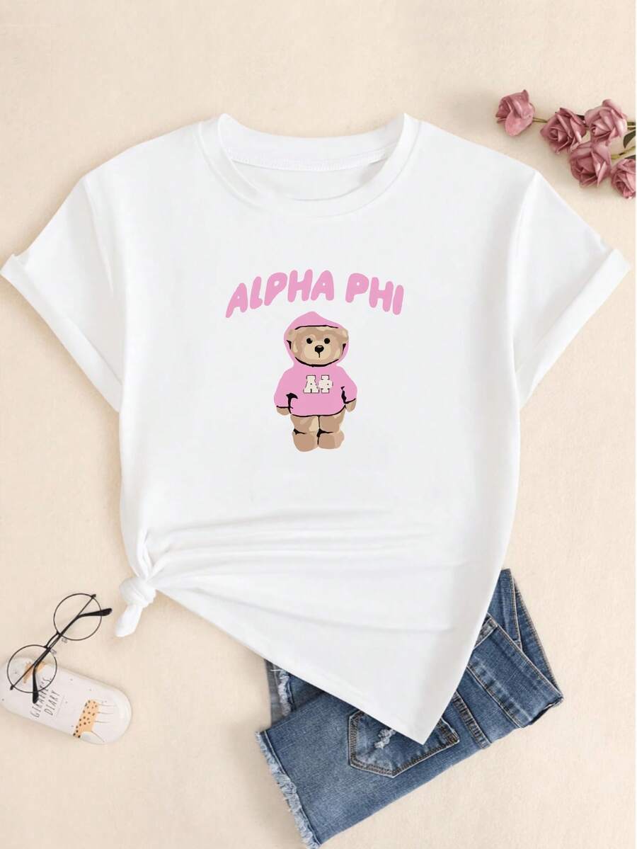Alpha Bear Women's T-Shirt Basic Printed Women's Fashion T-Shirt - 白色 - 查看 1