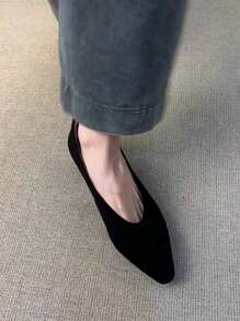 通勤漆皮极简主义芭蕾舞鞋，复古方头粗跟乐福鞋，优雅女士高跟鞋，高贵典雅 - 黑色 - 查看 5