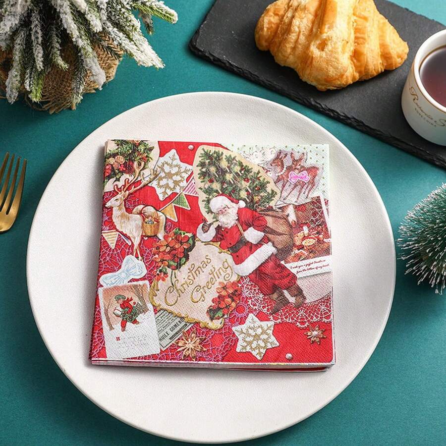 AFYPRTY 20pcs Christmas Greetings Napkins Santa Claus And Reindeer Pattern Napkins 6.5 Inches 2 Layers Native Wood Pulp Paper Suitable For Christmas Party Decoration Restaurant Kitchen Supplies