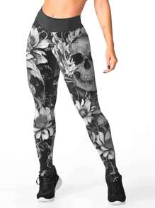 Skull Printed Leggings Rock Style Metal Gothic Gym Fitness Alternative Fashion - màu đen - Xem 2