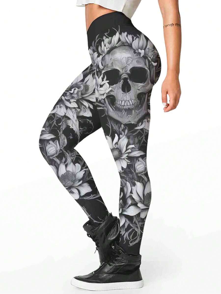 Skull Printed Leggings Rock Style Metal Gothic Gym Fitness Alternative Fashion - màu đen - Xem 1