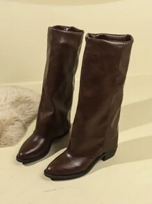 新款秋冬女士过膝长靴，时尚女士法式尖头粗跟套穿式过膝长靴，黑色、棕色、咖啡色、卡其色、米色、豹纹色、红色可选；舒适西部牛仔风荷叶边靴；百搭英伦风休闲高跟骑马靴；派对靴 - 棕色 - 查看 7