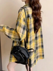 复古香港风格黄色格子长袖休闲女衬衫夹克