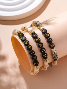 3 chiếc vòng tay nhiều lớp bằng gỗ và chữ Acrylic sáng tạo cổ điển, phù hợp cho cả nam và nữ, quà tặng cho ngày tựu trường/tốt nghiệp - vòng tay xếp chồng - Xem 2