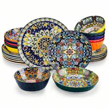 vancasso 24 Pieces Dinnerware Set, Multicolour Set, Polychrome, Porcelain Dinnerware, Plates, Bowls And Mugs Set For 6 Person, Ceramic Stamping In Bohemian Style - Multicolor - View 2
