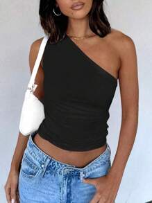 Asymmetrical Ribbed One-Shoulder Mule Blouse - 黑色 - 查看 2