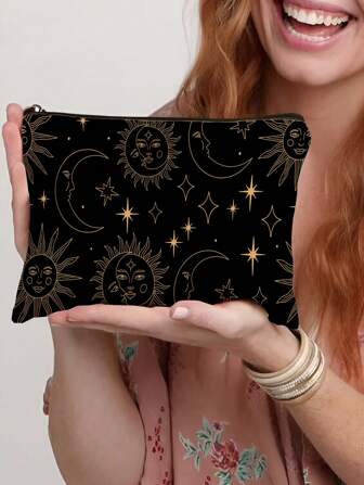 Sun & Moon Pattern Cosmetic Bag - Durable And Spacious, Unisex Travel Organizer For Makeup & Toiletries Lightweight & Portable Travel Bag For Makeup, Toiletries, Phone & Pencils - Stylish & Multi-Purpose, Perfect Party Gift