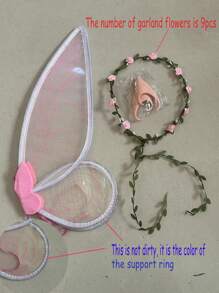 Set de 3 piezas de alas de mariposa de hada + orejas de hada + corona, adecuado para uso diario, festivales, escenario, disfraz - Set de alas de organza verde y blanca para Halloween, baile de graduación