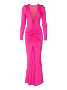 Women Long Bodycon Dress Solid Color Deep V-Neck Ruched Long Sleeve Dress Spring Fall Evening Party Dress - Hot Pink - View 5
