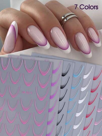 Adesivi per manicure francese a 7 colori sfumati, decalcomanie per arte di unghie a righe semplici ed eleganti, slider autoadesivi, forniture per arte di unghie, rosa, viola, nero, bianco, manicure francese, decorazione per unghie