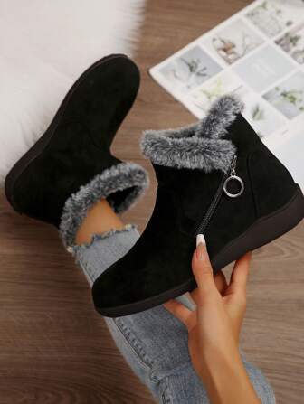 Fall/Winter Women's Faux Rabbit Thermal Lined Zipper Decor Snow Boots, Warm,Fur Boots