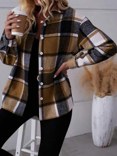 Plaid Button Front Long Sleeve Shirt With Flap Pockets For Women, Casual
