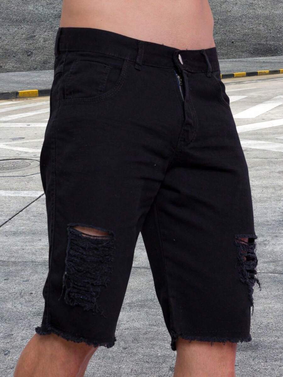 Ripped Bermuda Jeans Shorts Black Color Men's High Quality With Elastane Sport Factory Store - màu đen - Xem 1
