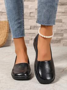 Women's Casual Slip-On Flats, Breathable Black Leather, Comfortable For Commuting & Daily Wear, Spring/Fall - Black - View 4