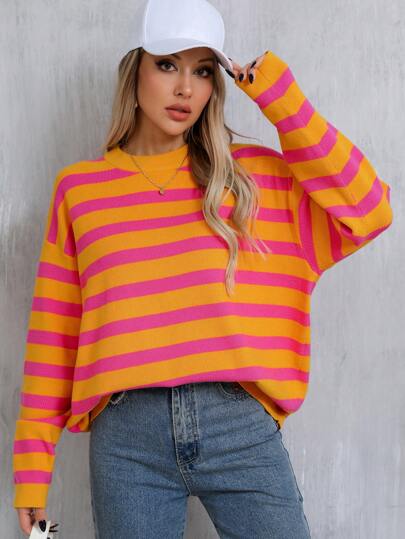 Maglione oversize a righe con inserti a contrasto, lavorato a maglia, per donna, casual, adatto per l'autunno/inverno