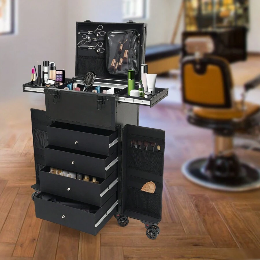 Rainaut Maleta De Maquillaje Profesional, Rolling Makeup Case, Salon Trolley Cart Beauty Facial Storage Travel Box +4keys, 6 Universal Wheels, Clear Storage Bag, Wide Opening, For Make-Up Artists - Black - View 1