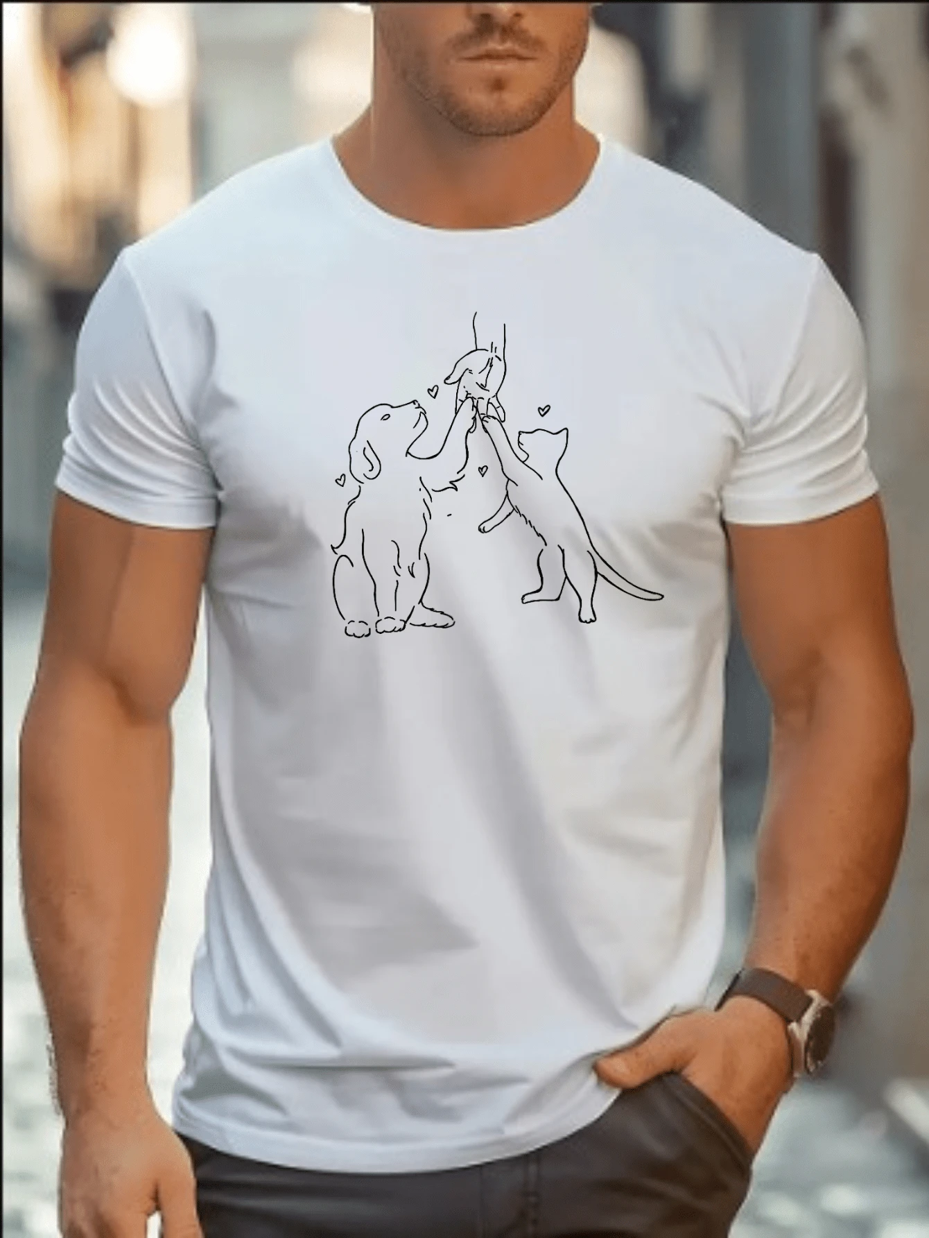 Camiseta Algodão Cachorro Parceiro 2 Mãos dadas Dog Gola redonda 30.1 verão top roupas de verão masculino - Branco - Visão 1