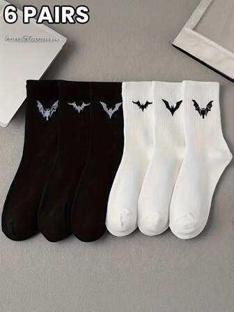 6 Paar Fledermaus-Muster Socken im Gothic-Stil, bequeme Mittellang-Socken, geeignet für den täglichen Gebrauch, schwarze Socken, weiße Socken