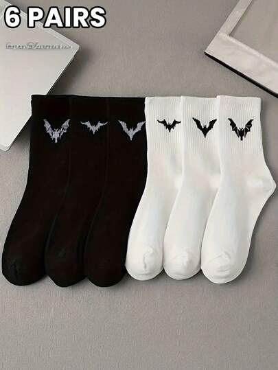 6 pares de calcetines con estampado de murciélago, estilo gótico, cómodos calcetines de tubo medio, adecuados para uso diario, calcetines negros y blancos, otoño