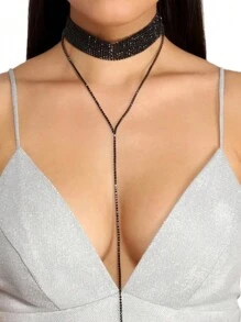 Juego de 3 piezas de estilo elegante de lujo, collar con forma de Y de varias capas y pendientes a juego en negro y blanco con flecos largos, decorados con brillantes rhinestones, apropiado para novias, accesorio exquisito para fiestas y bodas, regalo ideal