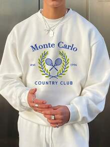 男士简约字母印花圆领长袖休闲运动衫 - 白色 - 查看 1