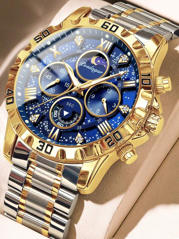 POEDAGAR Sports Men Watch Waterproof Chronograph Men's Watches Luminous Stainless Steel Luxury Watch For Man Quartz +Box,1PC