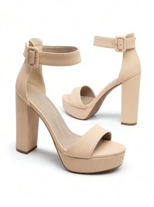 New Arrival Women Platform Chunky Heeled Sandals, Fashion Buckle Decor Ankle Strap Open Toe Ultra High Heel Sandals Elegant Banquet Party Heels - 杏色 - 查看 7