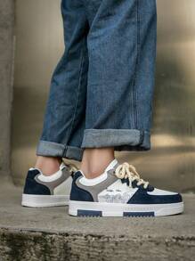 男士森林图案个性红色拼接舒适运动鞋百搭复古度假氛围小众设计前系带户外情侣休闲鞋 - 藍色 - 查看 10