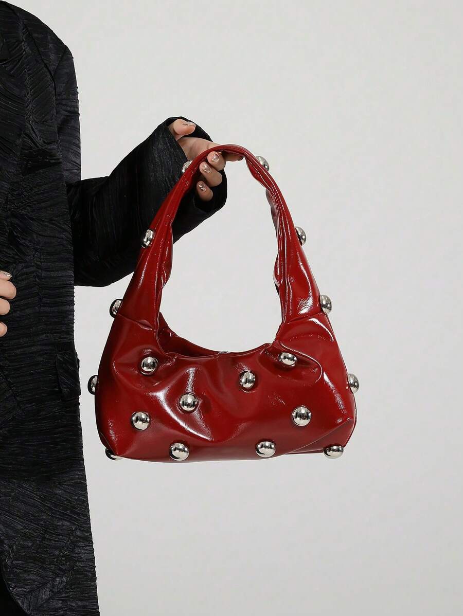 New Fashion Retro Red & Burgundy Rivet Decorated Crescent Shoulder Bag, Large Capacity Oil Wax Soft Leather Crossbody Bag For Office, Leisure & Travel, Autumn/Winter, Fashionable Burgundy Bag