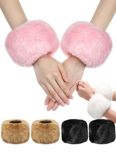 1 Pair Faux Fur Short Wrist Cuff, Elegant & Cute Fingerless Arm Warmer Sleeve For Women, Suitable For Daily Wear, Party, New Year Events, Matching With Coats, Sweaters, Dresses, In Black, White, Pink Colors