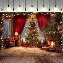 Escenario de fondo con árbol de Navidad y chimenea, adecuado para fotos y decoraciones navideñas, banner de poliéster universal, versátil, apropiado para todas las ocasiones, sin necesidad de energía eléctrica - 1 pieza